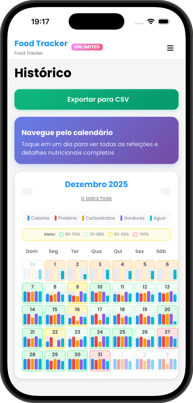 Screenshot: Histórico e Calendário